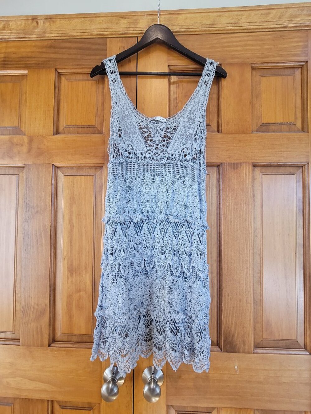 Dusty blue gray crochet lace slip dress sheer coverup scoop neck tank dress Med